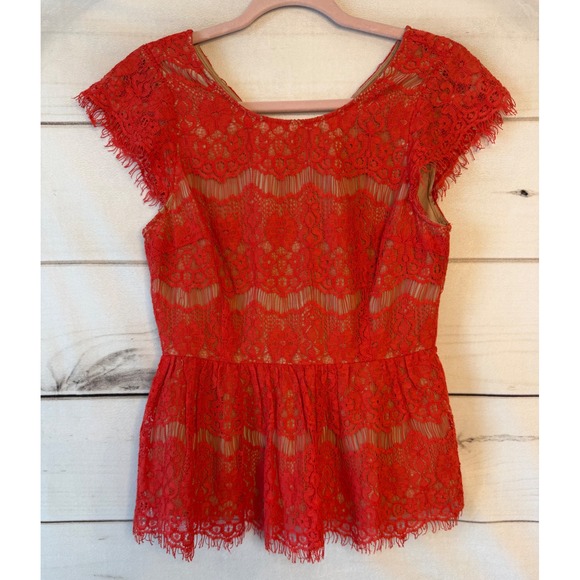 Maeve Tops - Maeve Anthropologie Red Orange Lace Peplum Top Eyelash Trim V-Back XS